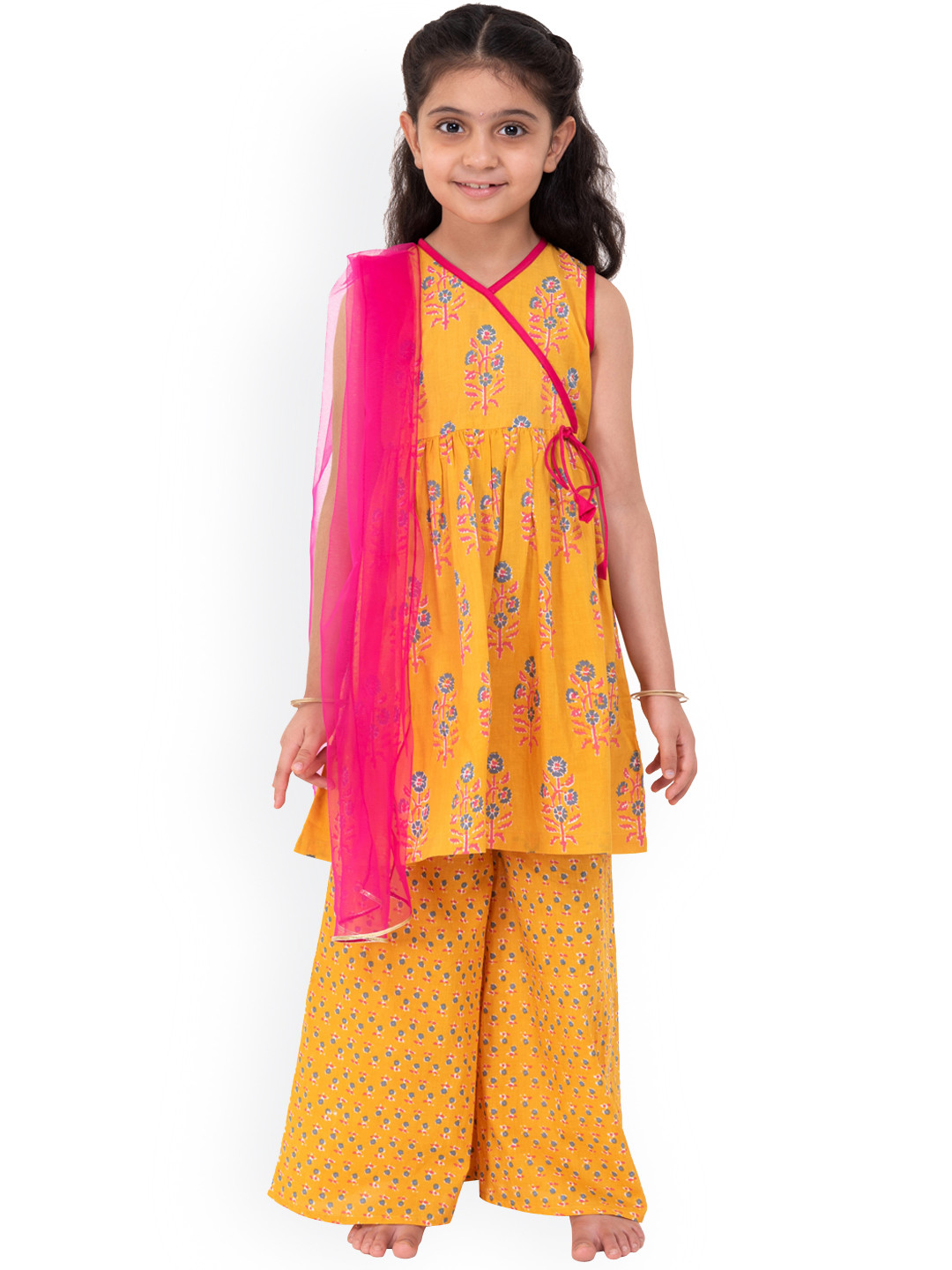 

Campana Girls Orange Ethnic Motifs Printed Angrakha Pure Cotton Kurta with Palazzos & With Dupatta