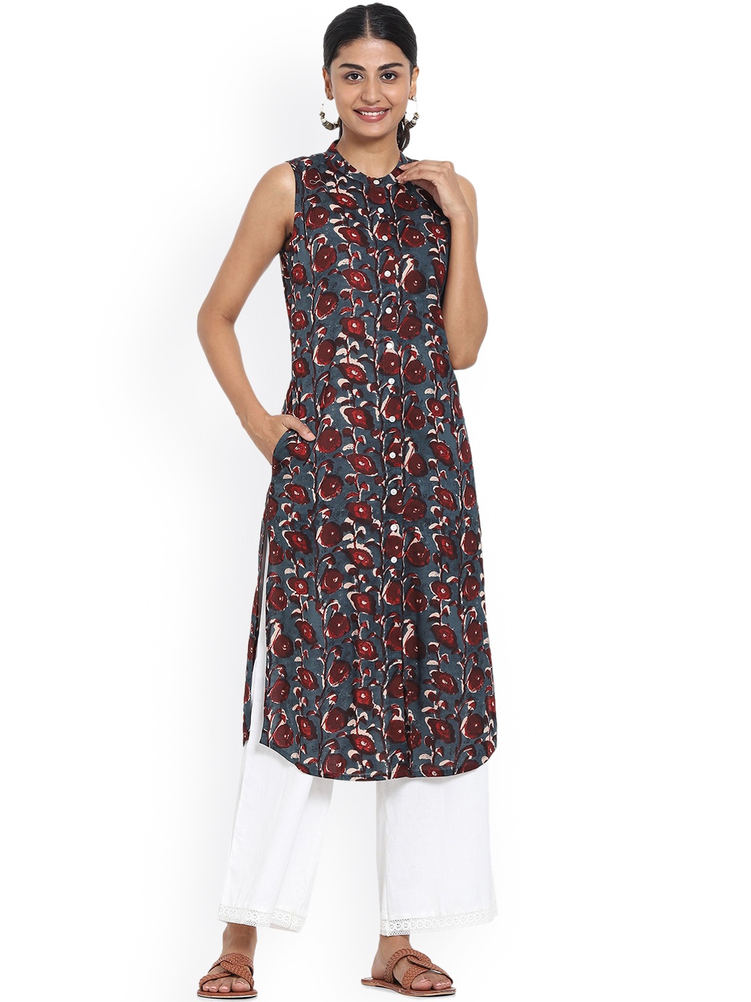 

Bewakoof Women Teal & Red Floral Printed Pathani Kurta