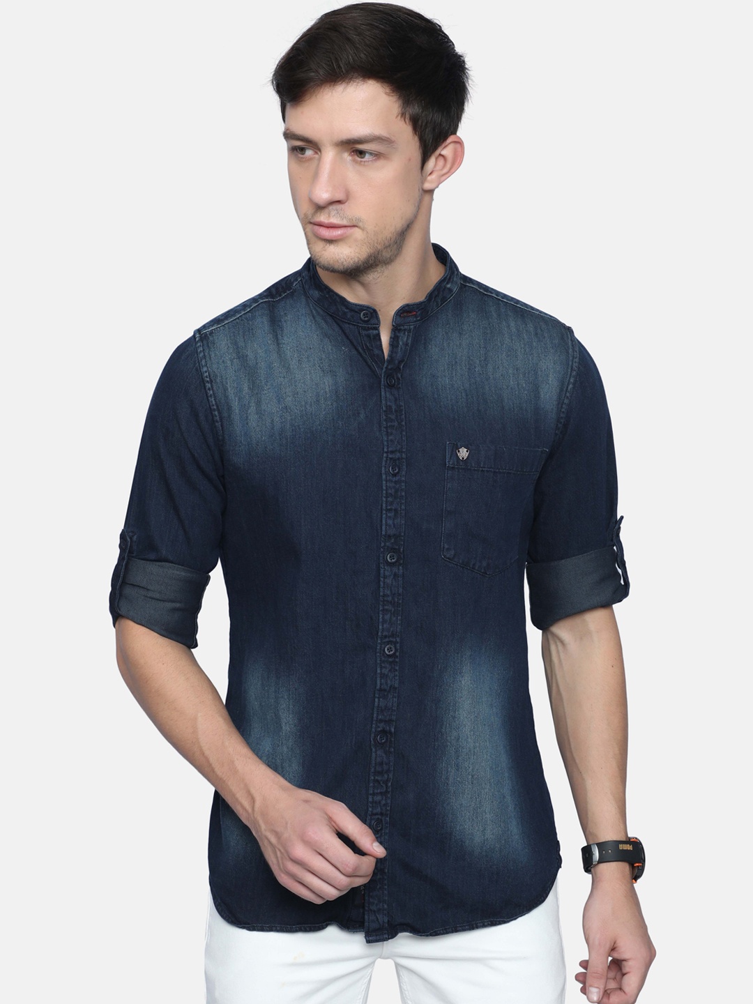 

VUDU Men Navy Blue Faded Cotton Denim Shirt