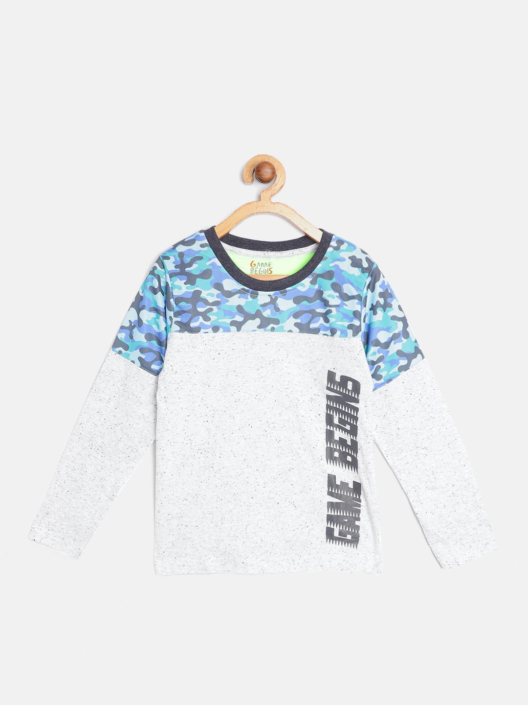 

GAME BEGINS Boys Grey & Blue Speckled Camouflage Print Cotton Round Neck T-shirt