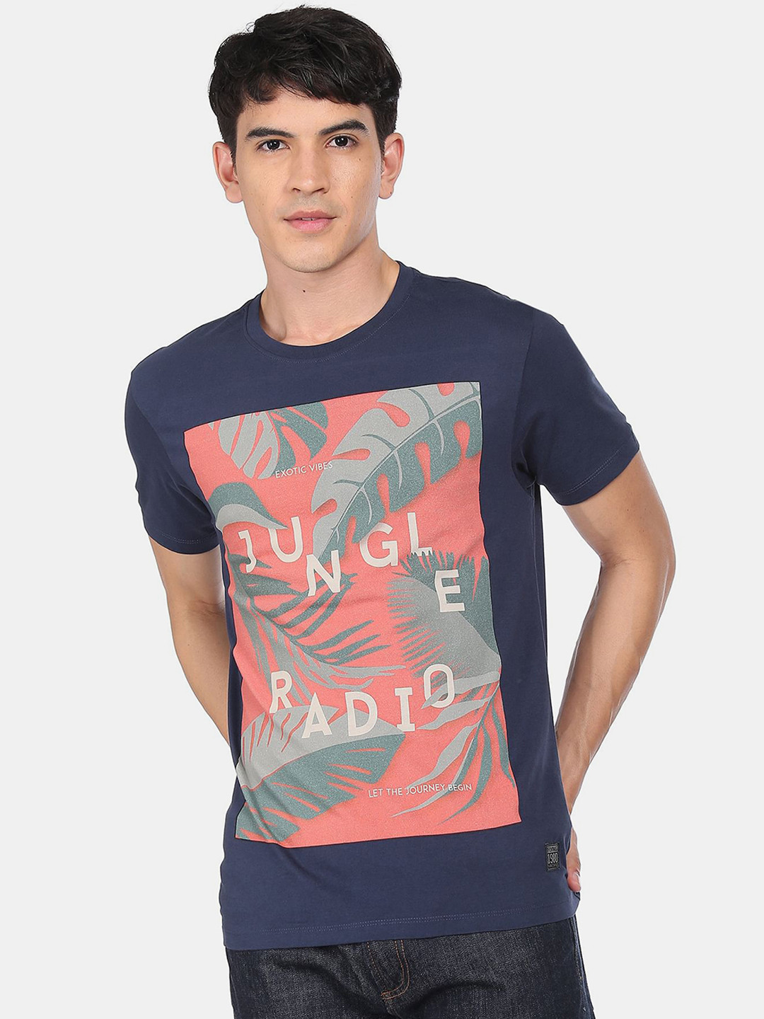 

Flying Machine Men Blue and Coral Graphic Printed T-shirt