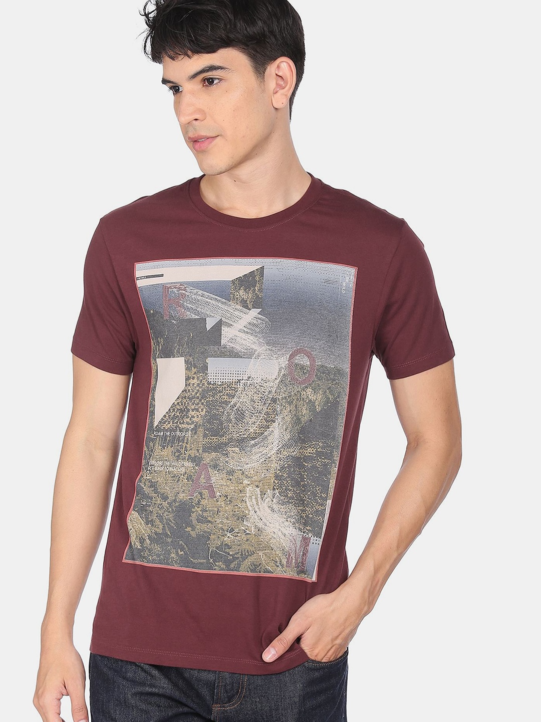 

Flying Machine Men Maroon Green Graphic Printed Pure Cotton T-shirt