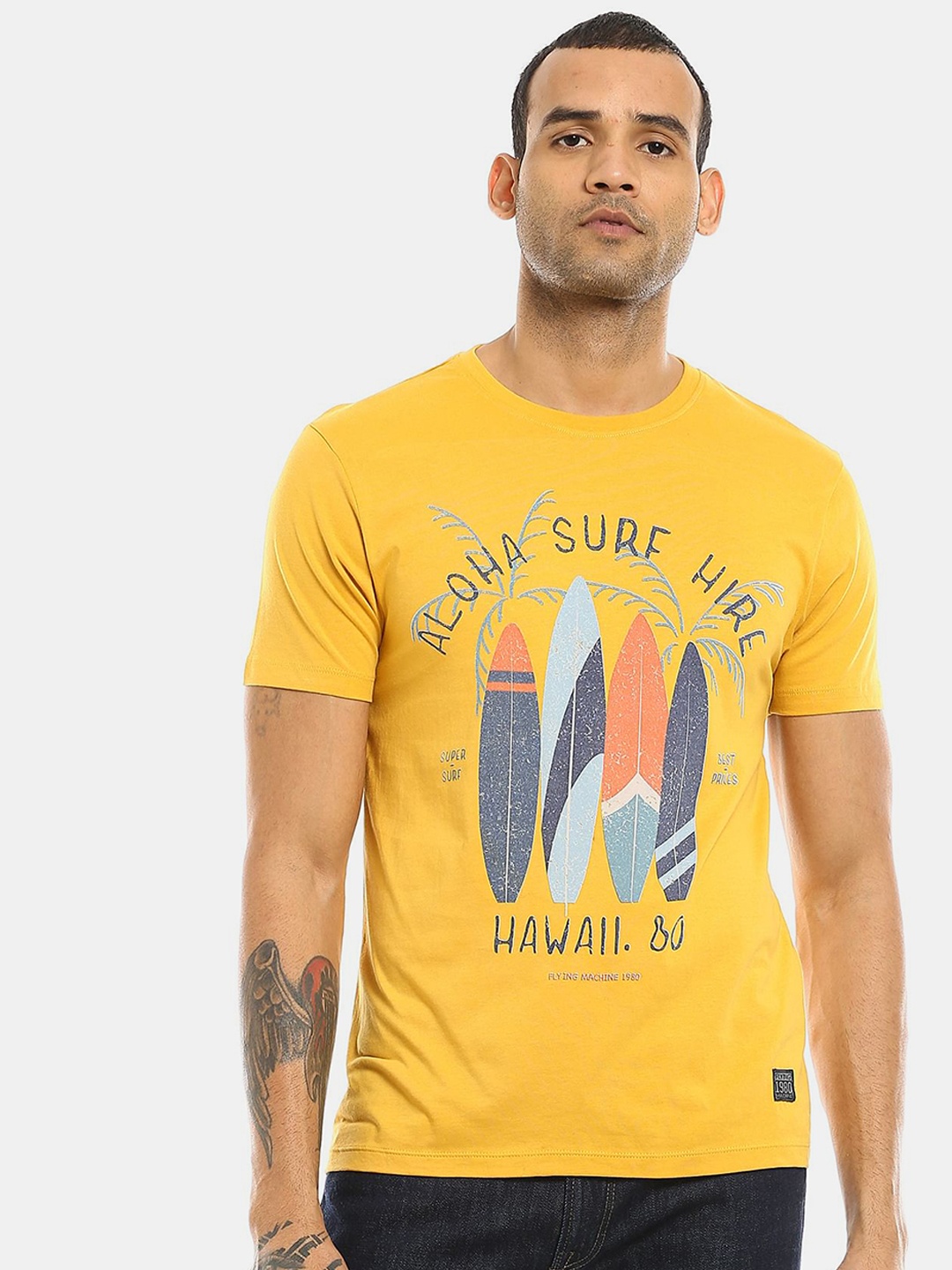 

Flying Machine Men Yellow Printed Cotton Pure Cotton T-shirt