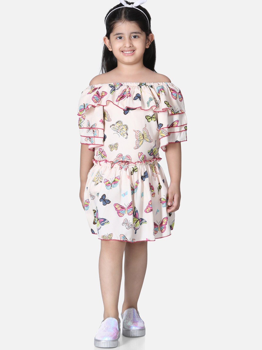 

Cutiekins Off White Off-Shoulder Crepe Dress