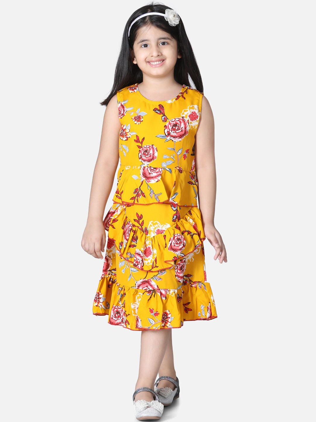 

Cutiekins Mustard Yellow & Pink Floral Crepe Midi Dress