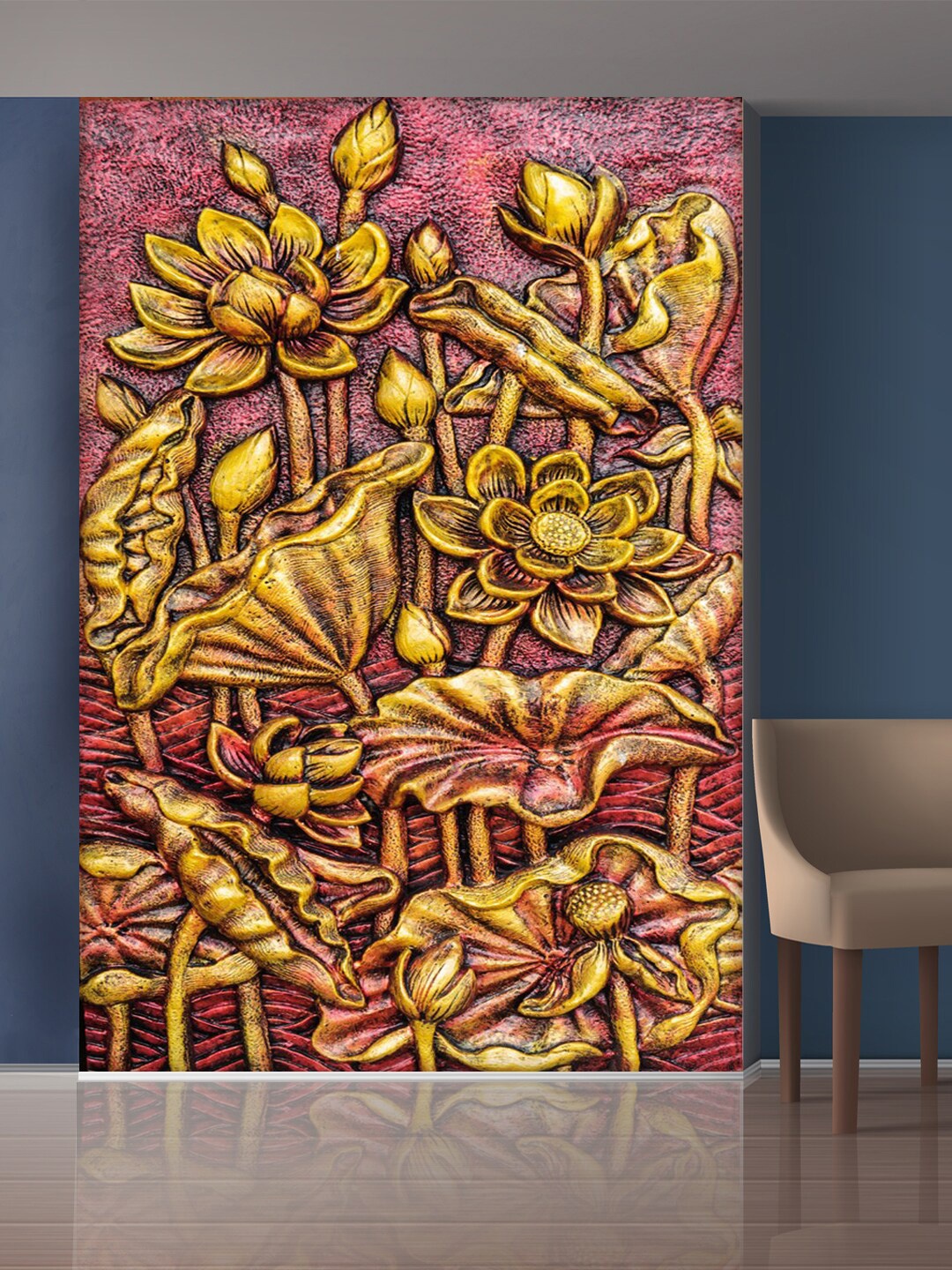 

999Store Pink & Gold-Toned Flowers & Leaves Self-Adhesive Mural Wallpaper