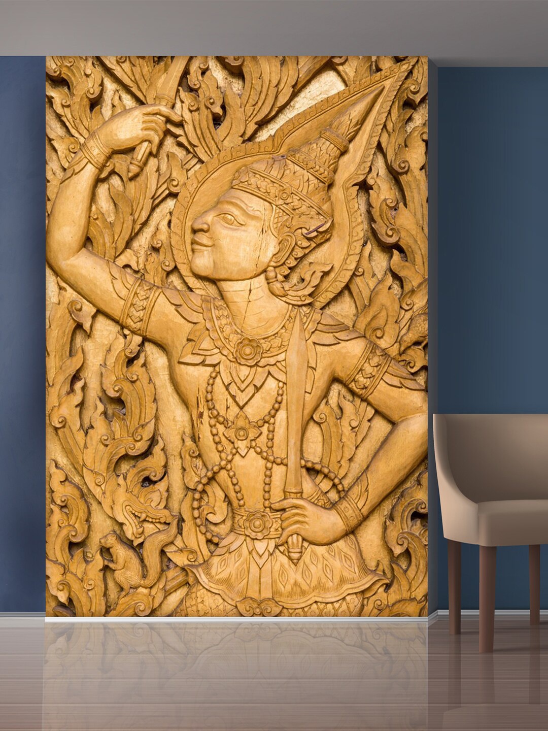 

999Store Gold-Toned Leaves & Man Statue Mural Wallpaper