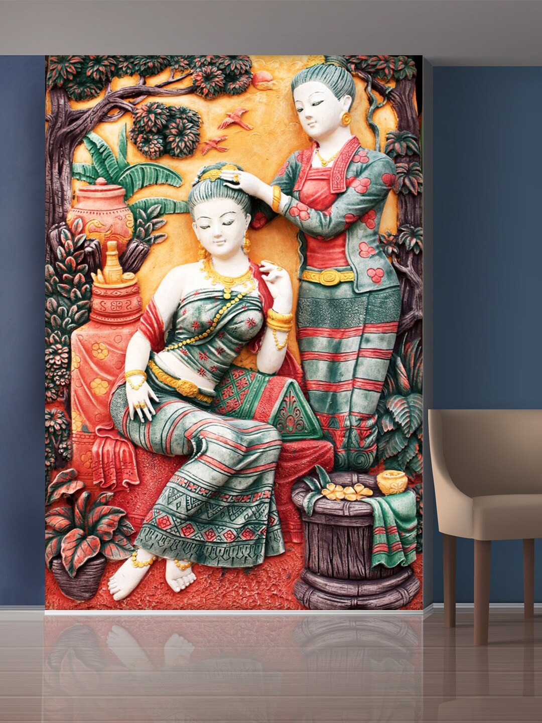 

999Store Red & Green Village & Two Lady Mural Wallpaper