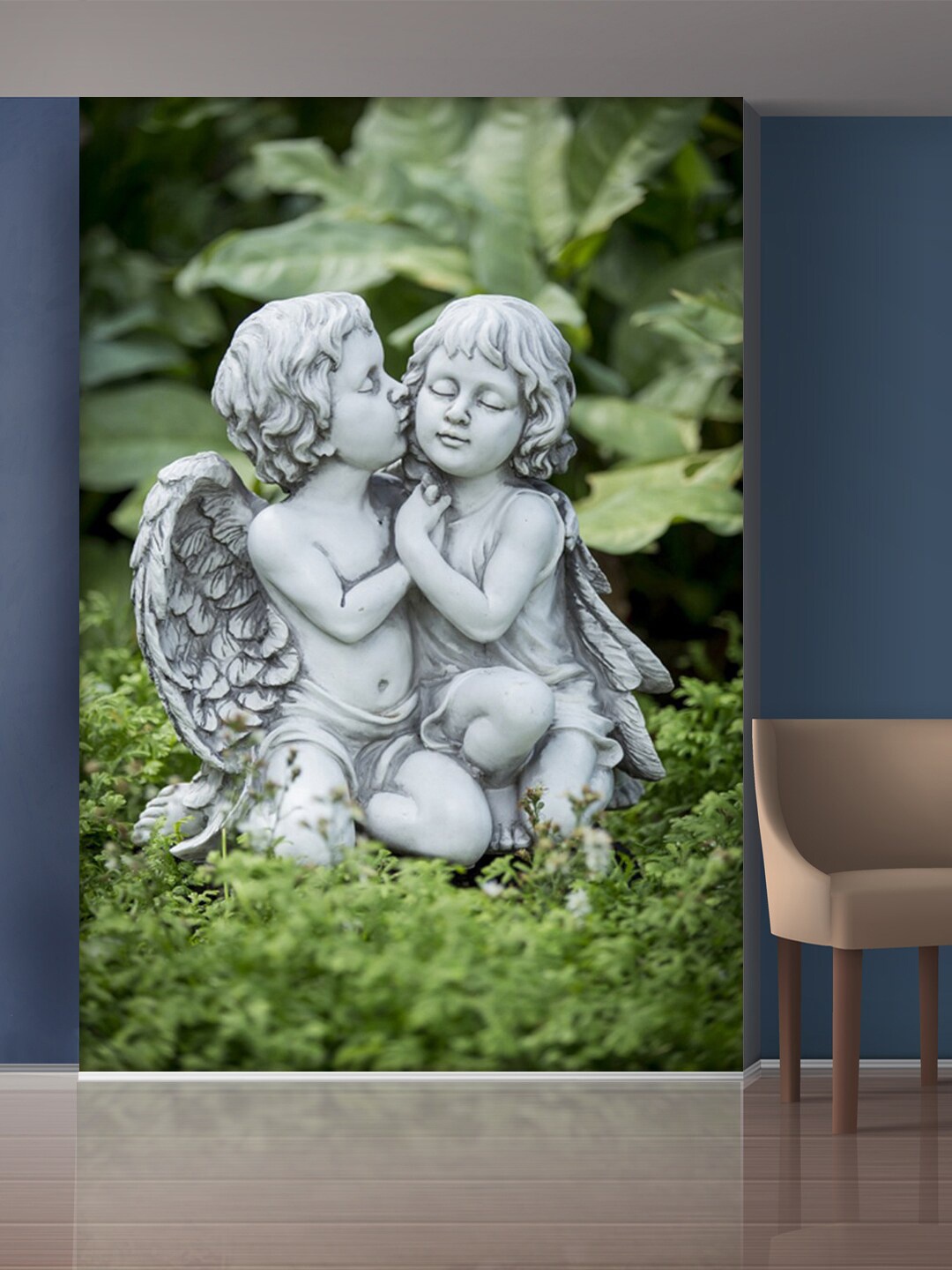 

999Store White & Green Two Angels Baby Sitting Mural Self-Adhesive Wallpaper