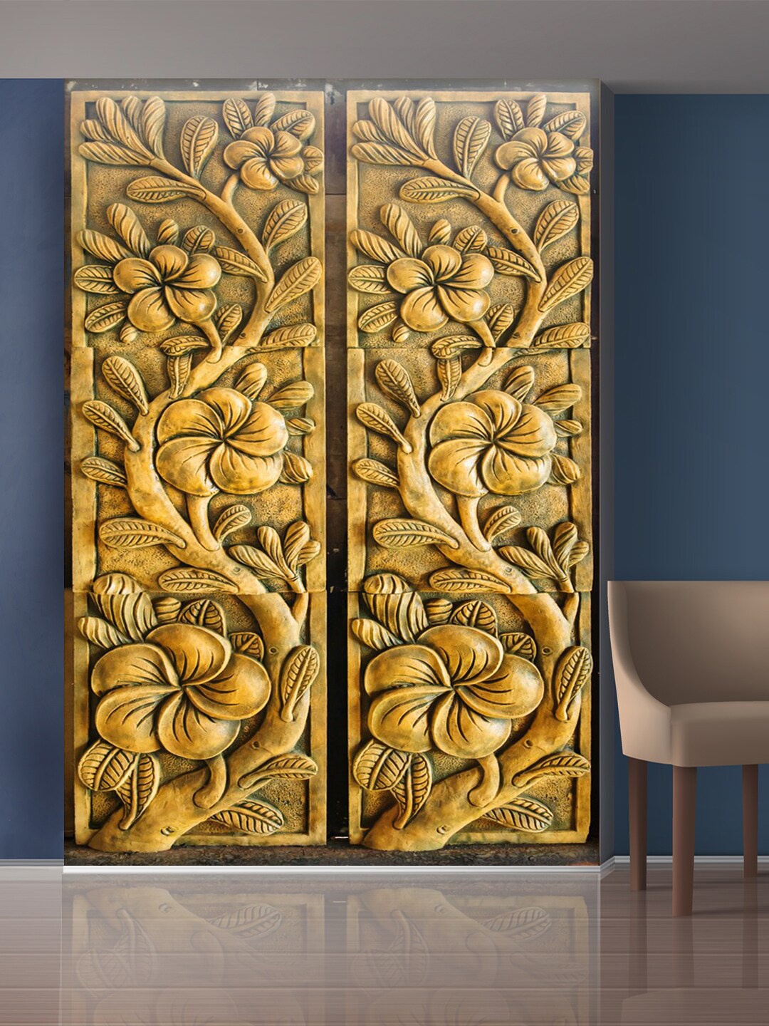 

999Store Gold-Toned Flowers & Leaves Mural Wallpaper
