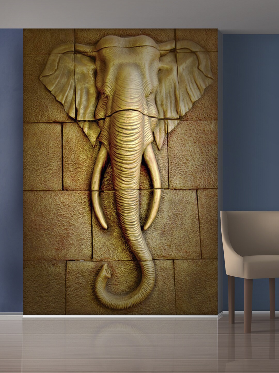

999Store Gold-Toned Stones & Elephant Head Mural Self-Adhesive Wallpaper