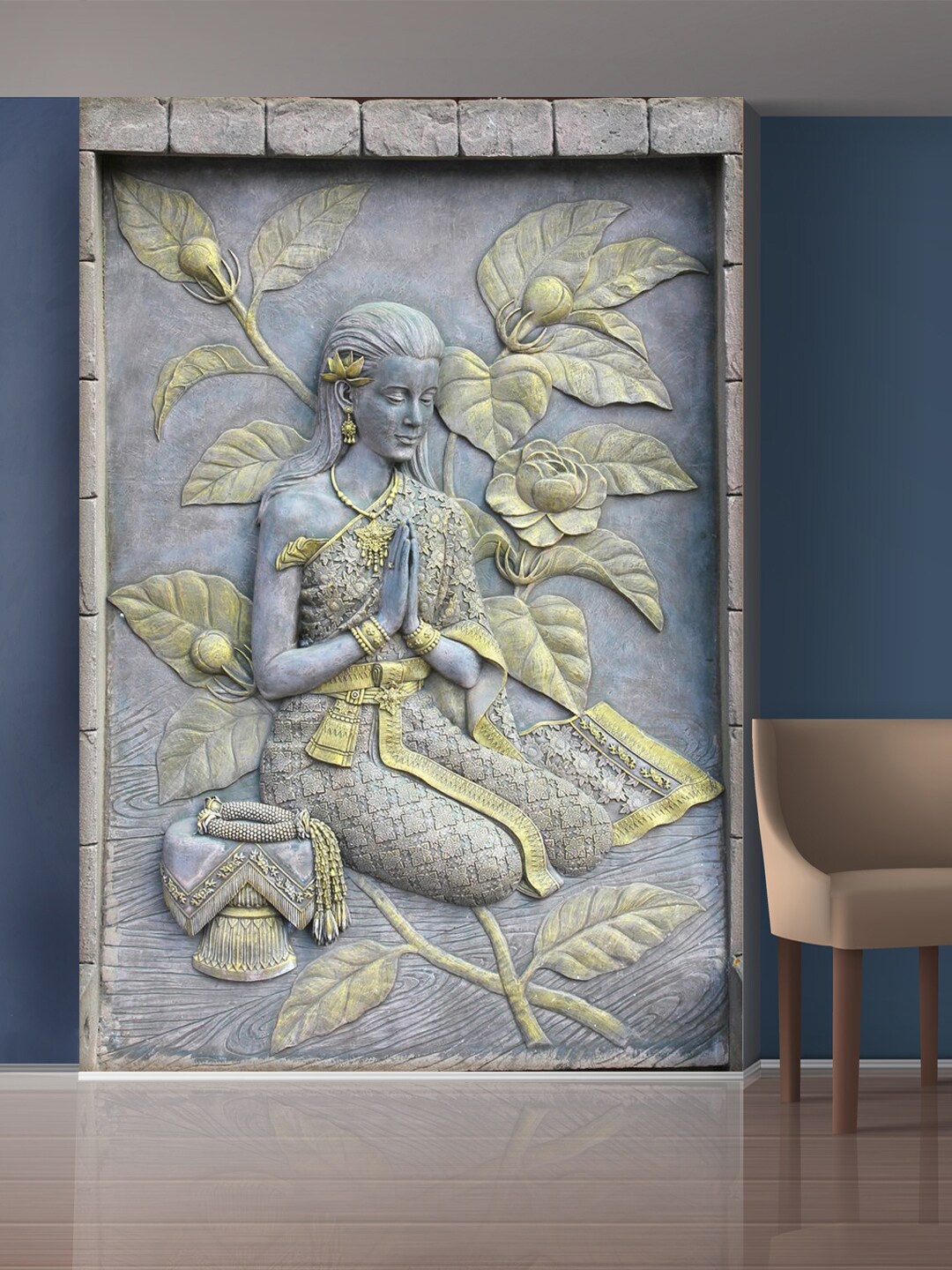 

999Store Grey & Gold-Toned Flowers and Sitting Lady Mural Self-Adhesive Wallpaper
