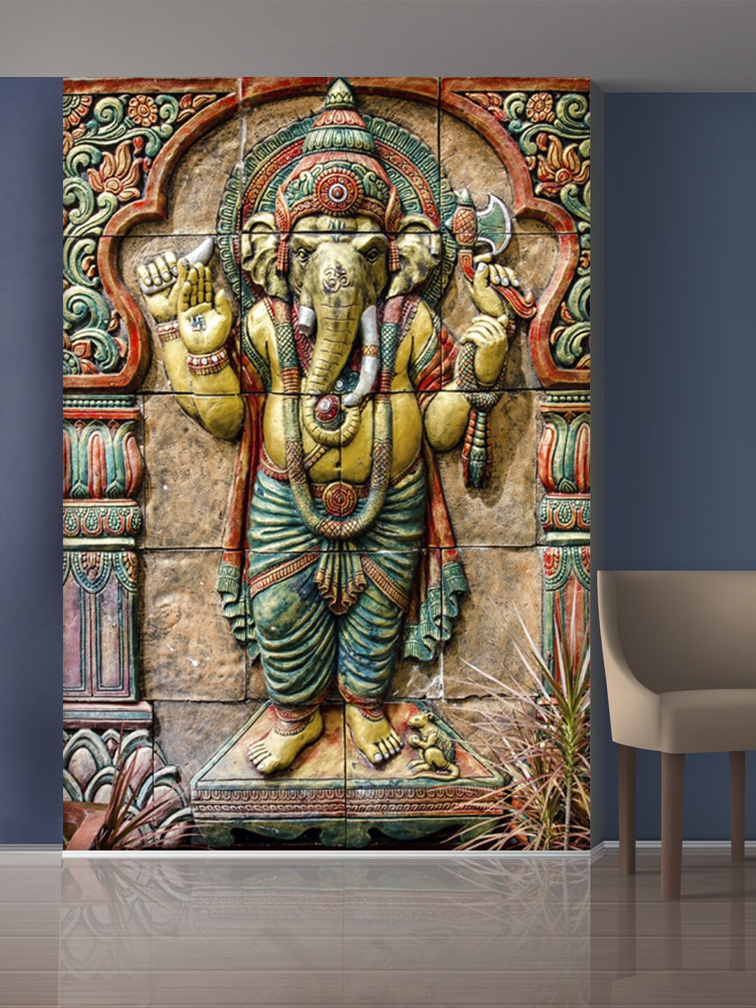 

999Store Beige & Green Lord Ganesha Mural Wallpaper