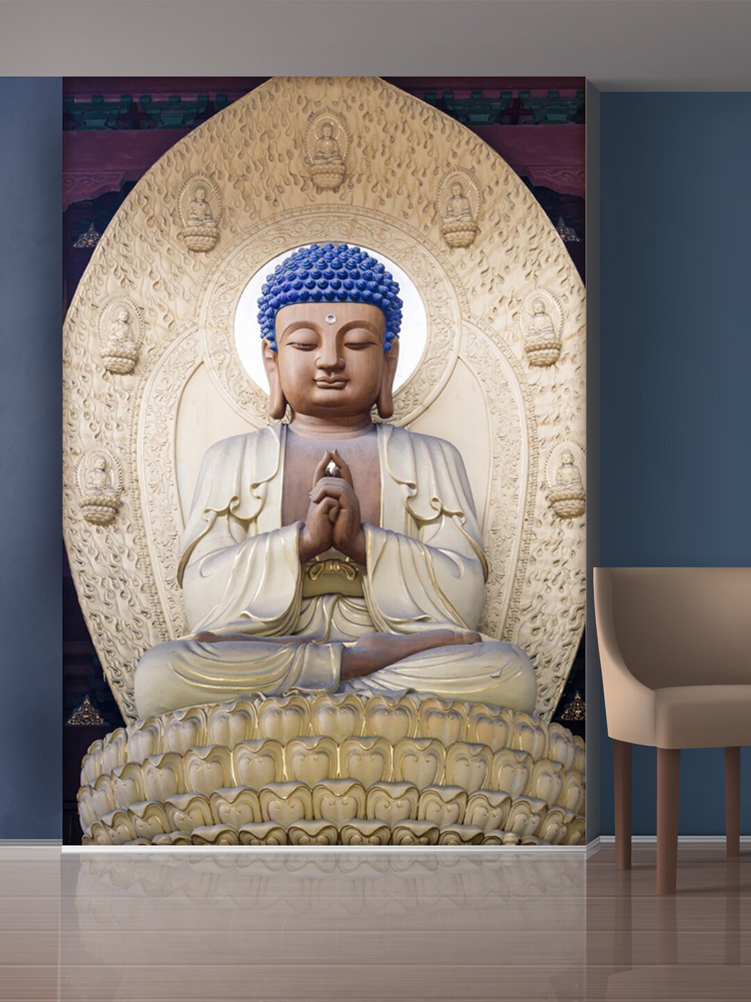 

999Store Gold-Toned & Blue Meditating Buddha Mural Wallpaper