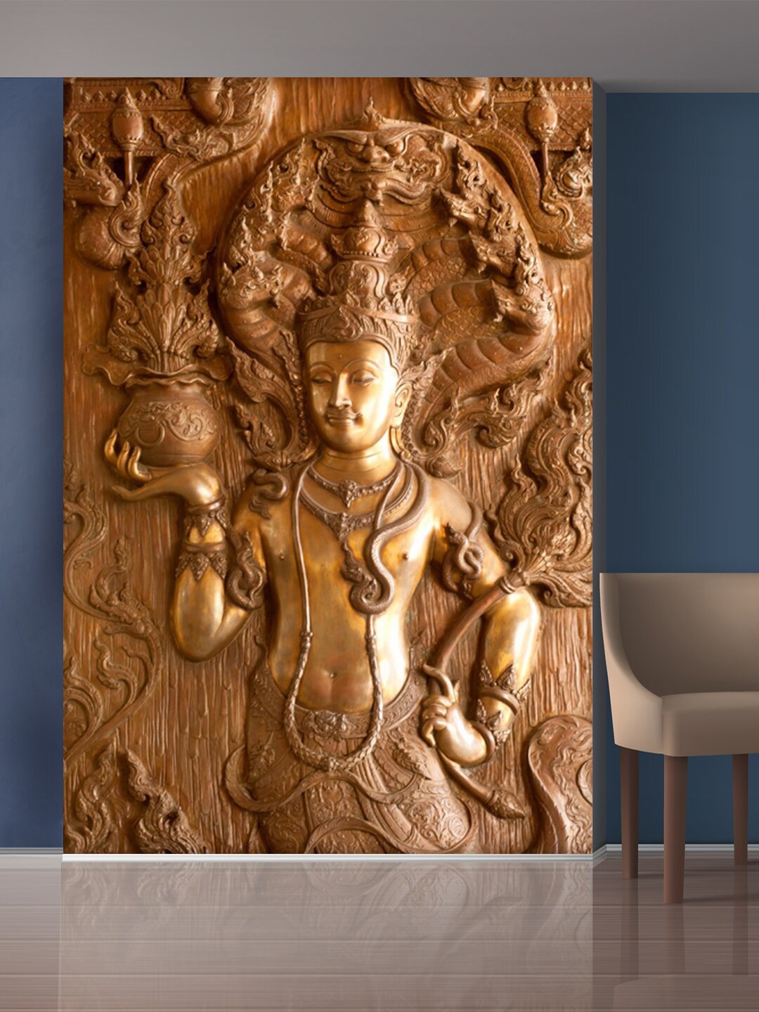 

999Store Gold-Coloured Flowers & Lord Statue Mural Wallpaper