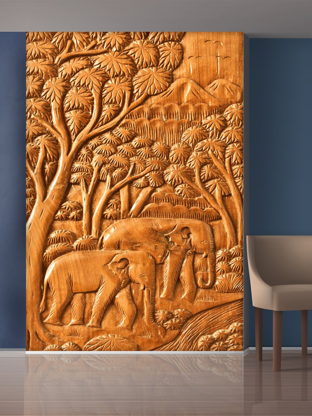 

999Store Gold-Toned Trees & Elephant Mural Wallpaper