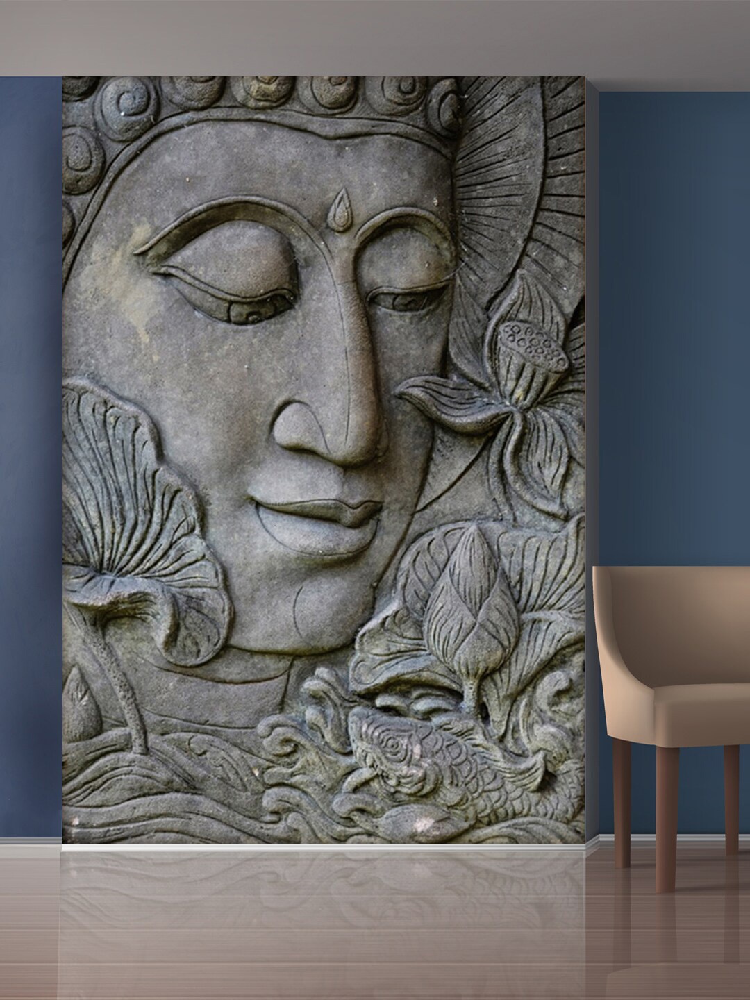 

999Store Grey Flowers & Buddha Face Mural Wallpaper