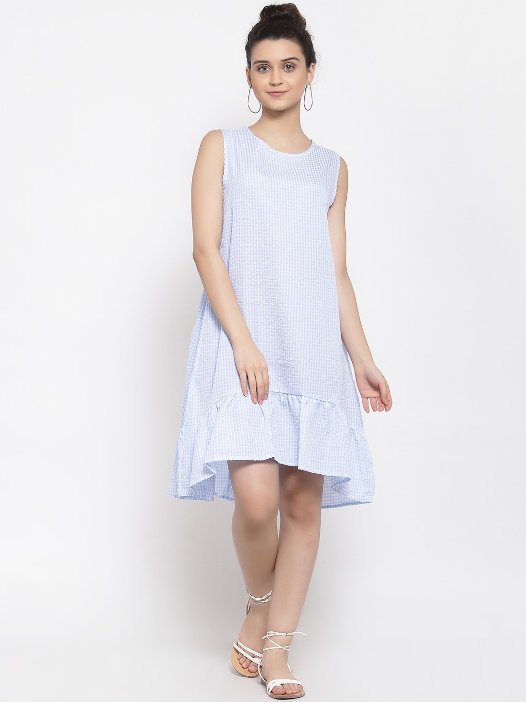 

iki chic Turquoise Blue & White Checked Sleeveless Drop-Waist Dress