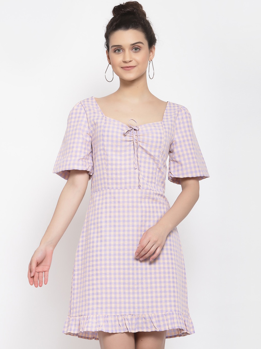 

Iki Chic Women Purple Checked Fril Hem Dress