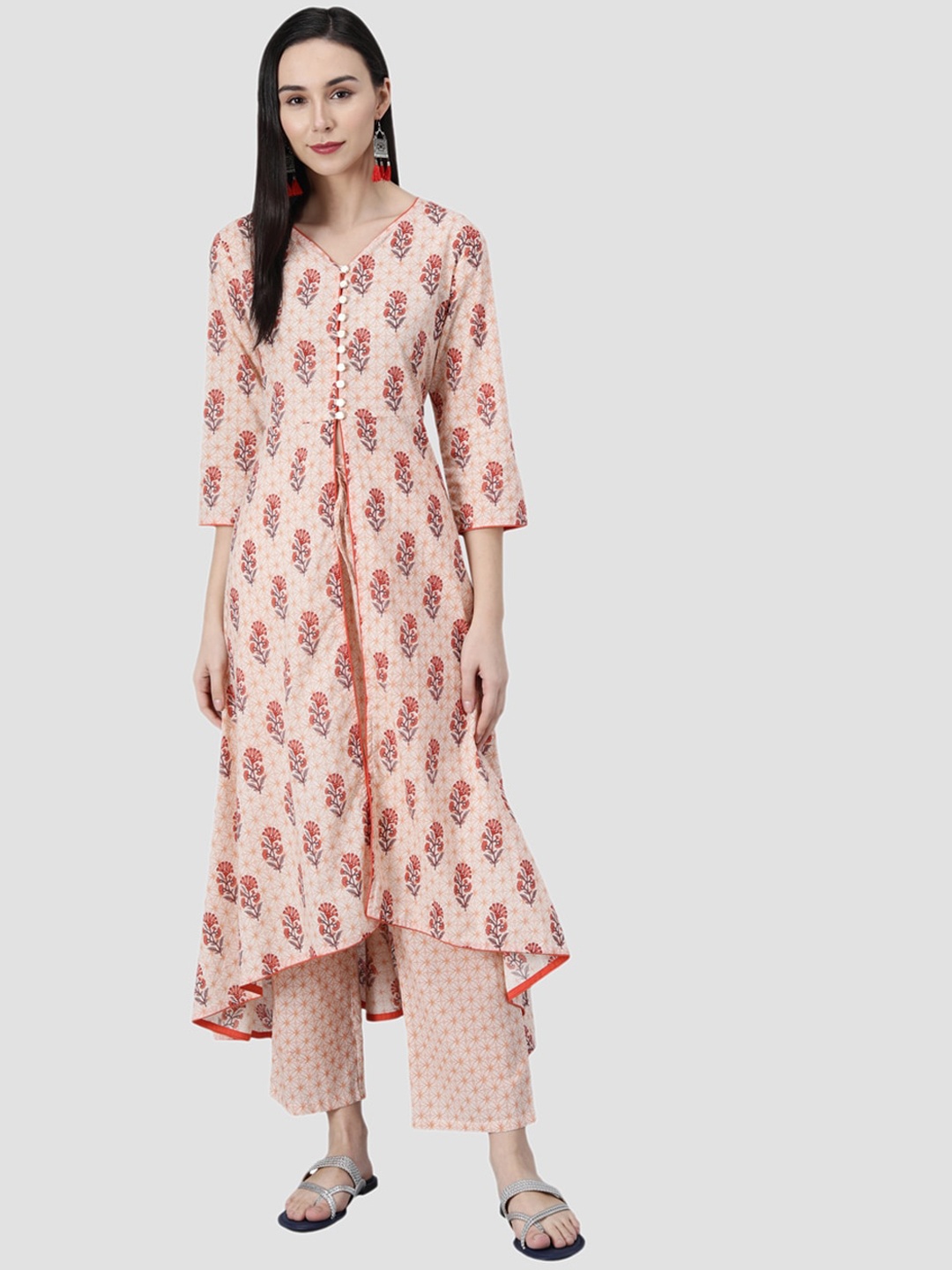 

HERE&NOW Women Red & Coral Ethnic Motifs Printed High-Low Hem Kurta