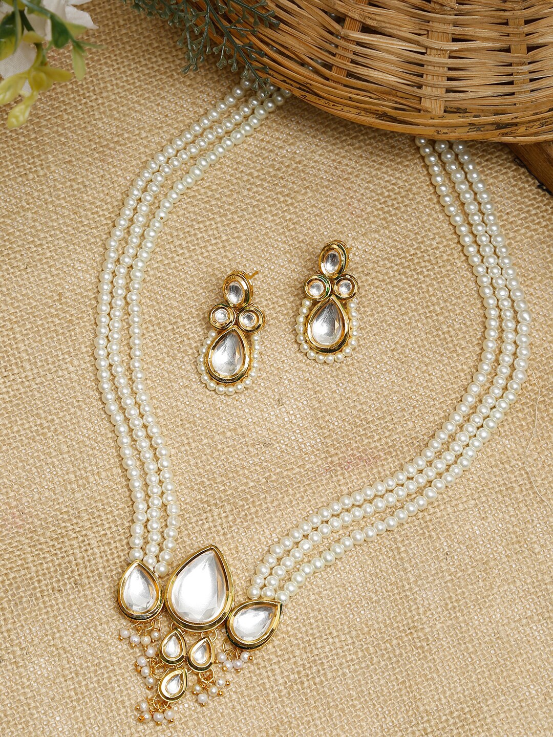 

Ruby Raang Gold-Plated White Faux Kundan & Faux Pearl Beaded Handcrafted Jewellery Set