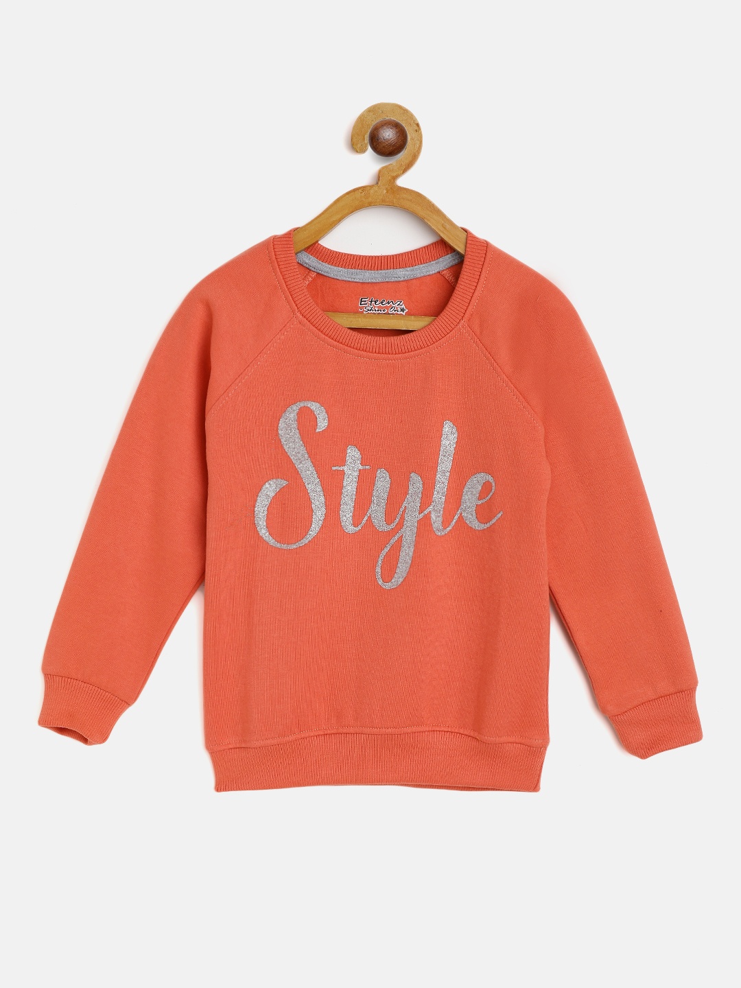 

Eteenz Girls Peach-Coloured & Silver-Toned Glitter Typography Print Pure Cotton Sweatshirt
