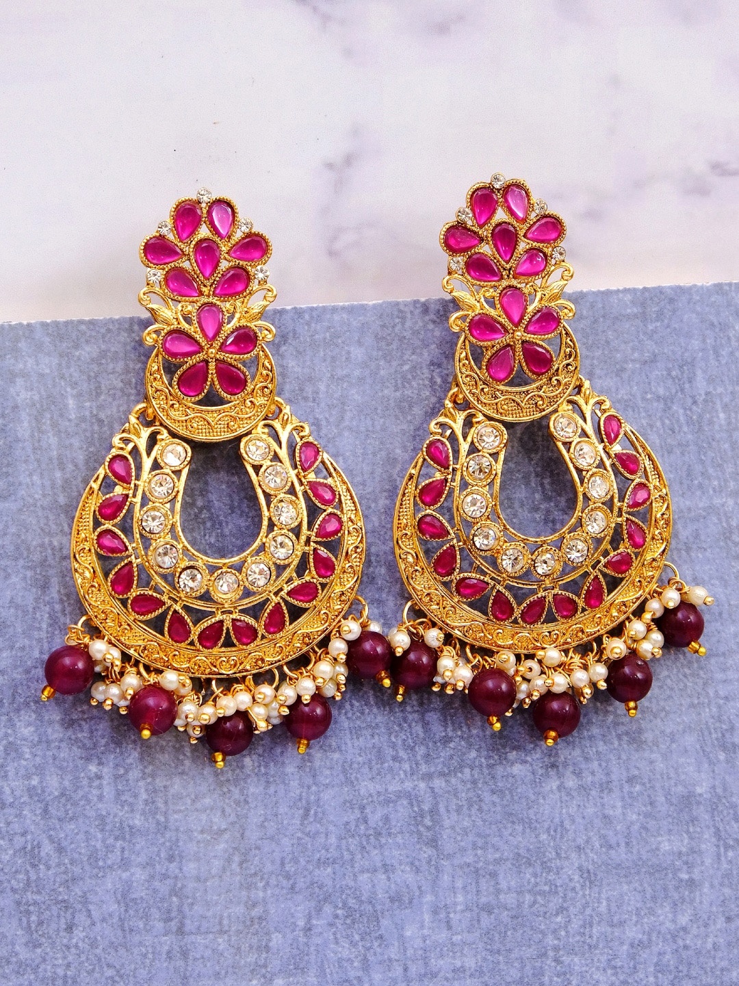 

Crunchy Fashion Gold-Plated Gold-Toned & Purple Contemporary Chandbalis
