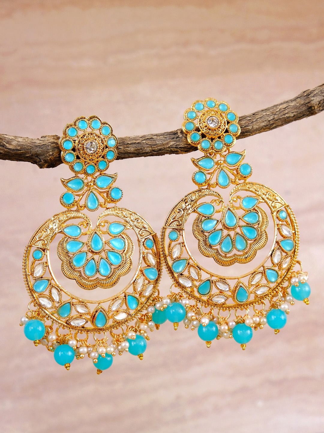 

Crunchy Fashion Gold Plated Gold-Toned & Blue Contemporary Drop Earrings