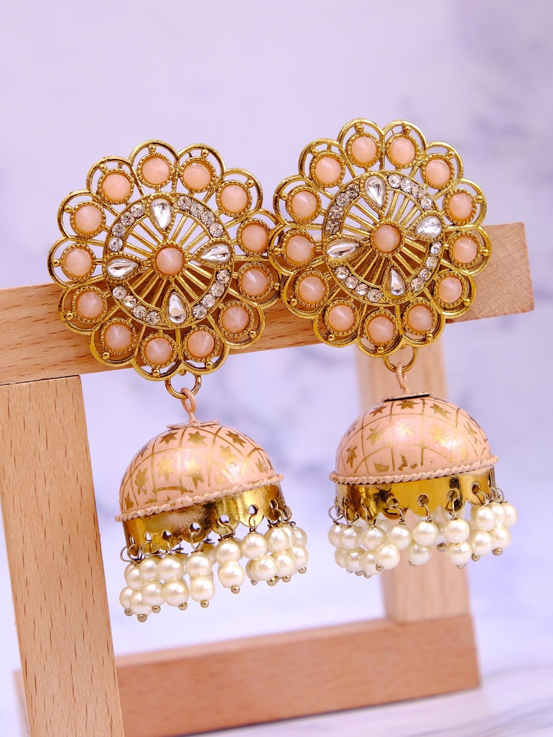 

Crunchy Fashion Women Pink Gold-Plated Gold-Toned Contemporary Jhumkas Earrings