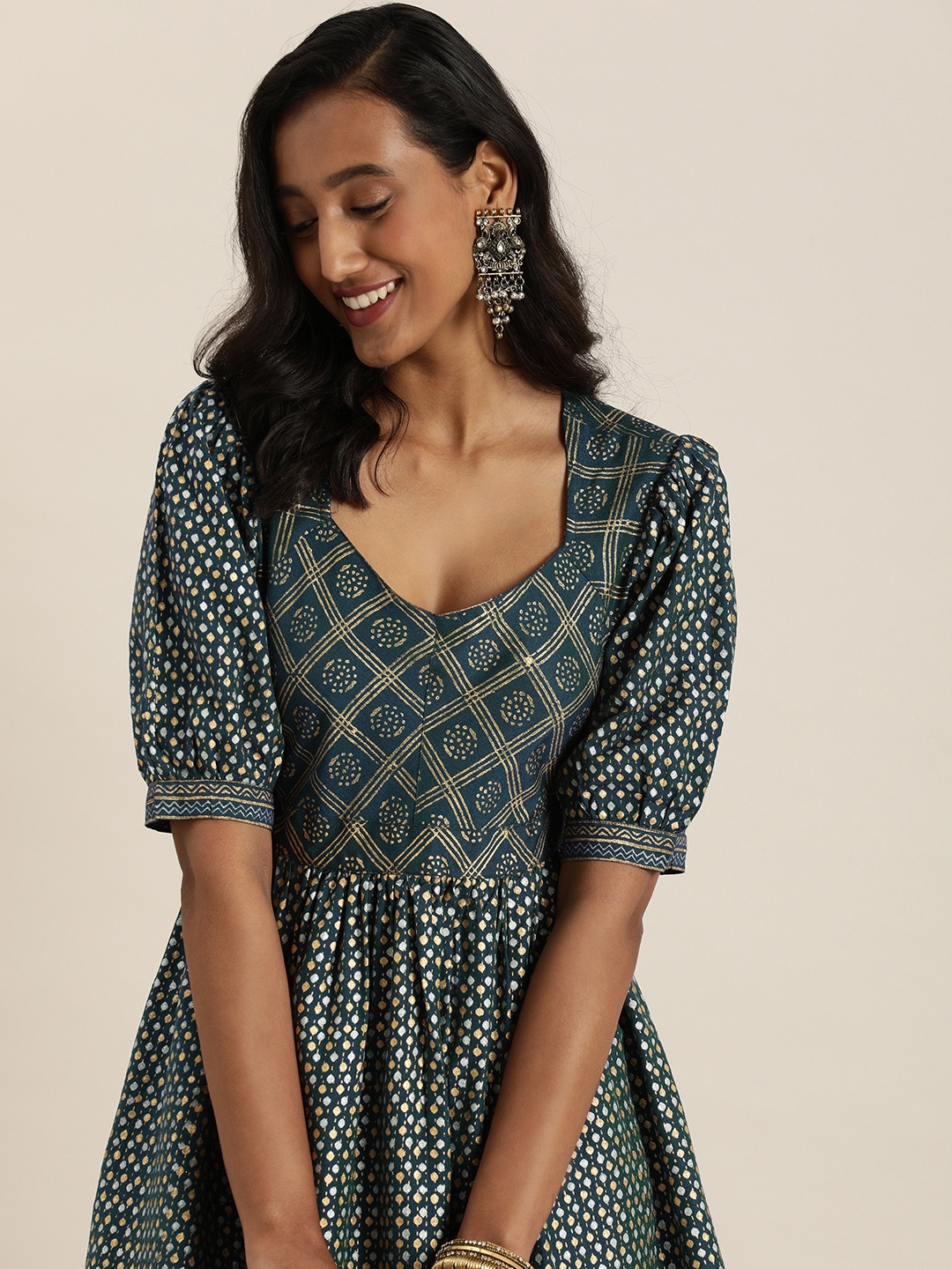

Taavi Teal Blue & Golden Kanchi Print Ethnic Sustainable Maxi Dress with Gathers