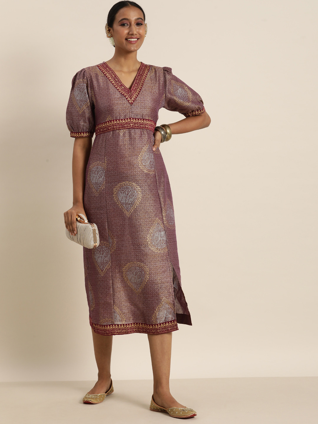 

Taavi Purple & Golden Kanchi Print Ethnic Sustainable A-Line Midi Dress with Slit