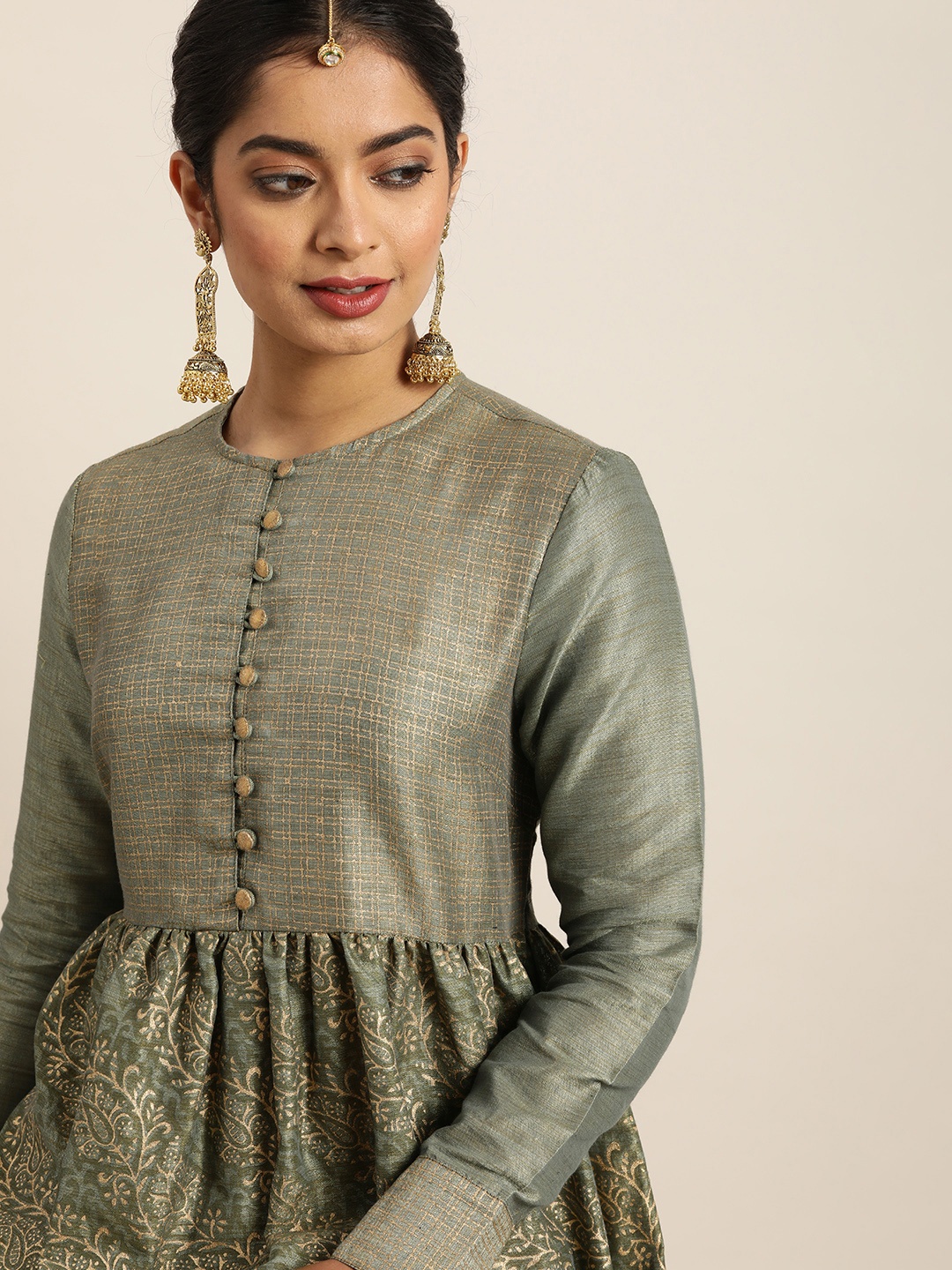 

Taavi Women Grey & Olive Green Kanchi Print Sustainable Kurta