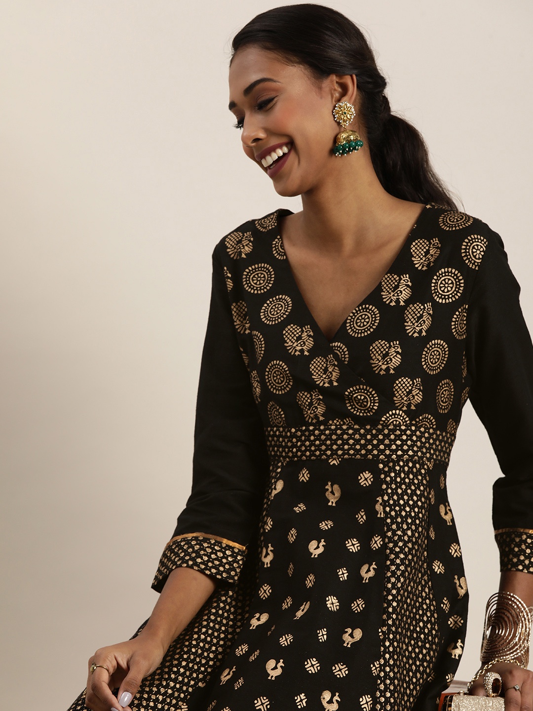 

Taavi Black & Golden Kanchi Print Ethnic Sustainable Maxi Dress with Styled Back