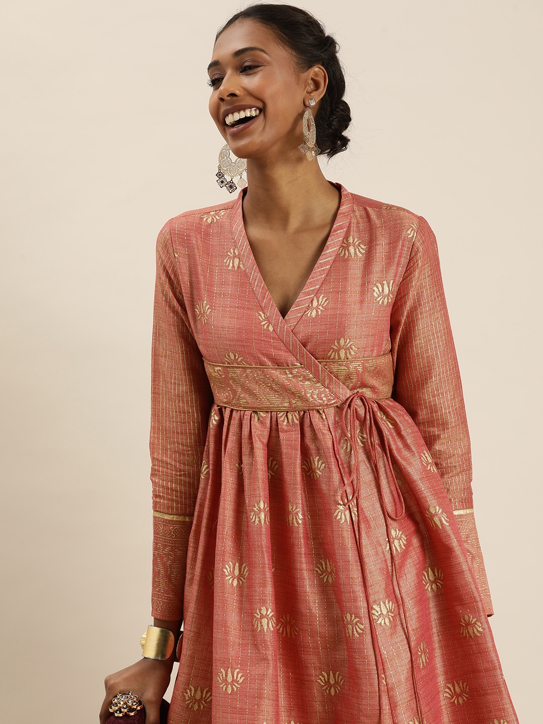 

Taavi Women Pink & Gold-Coloured Kanchi Gold Khadi Print Angrakha Kurta
