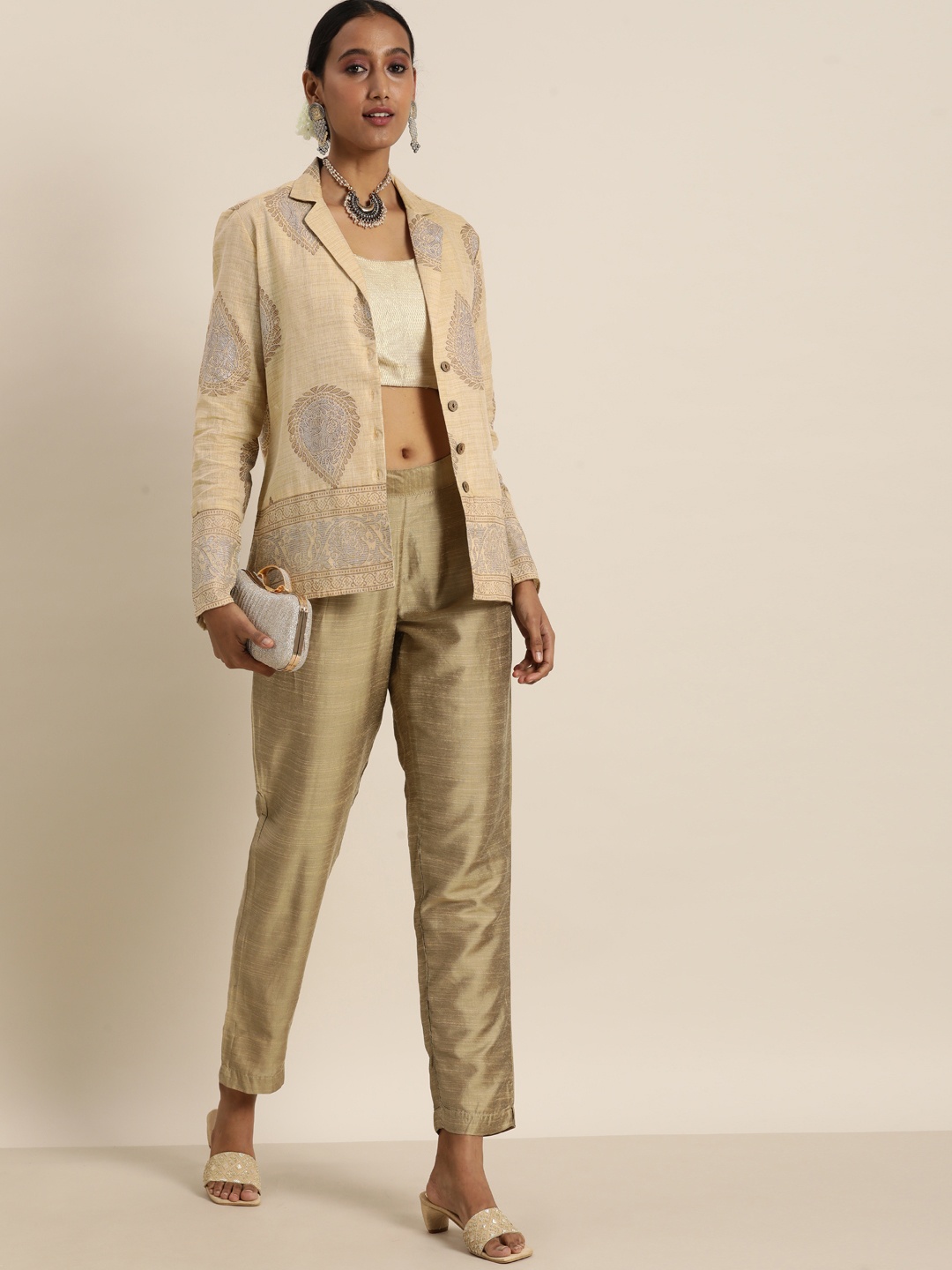 

Taavi Beige & Golden Kanchi Print Sustainable Shirt Style Top