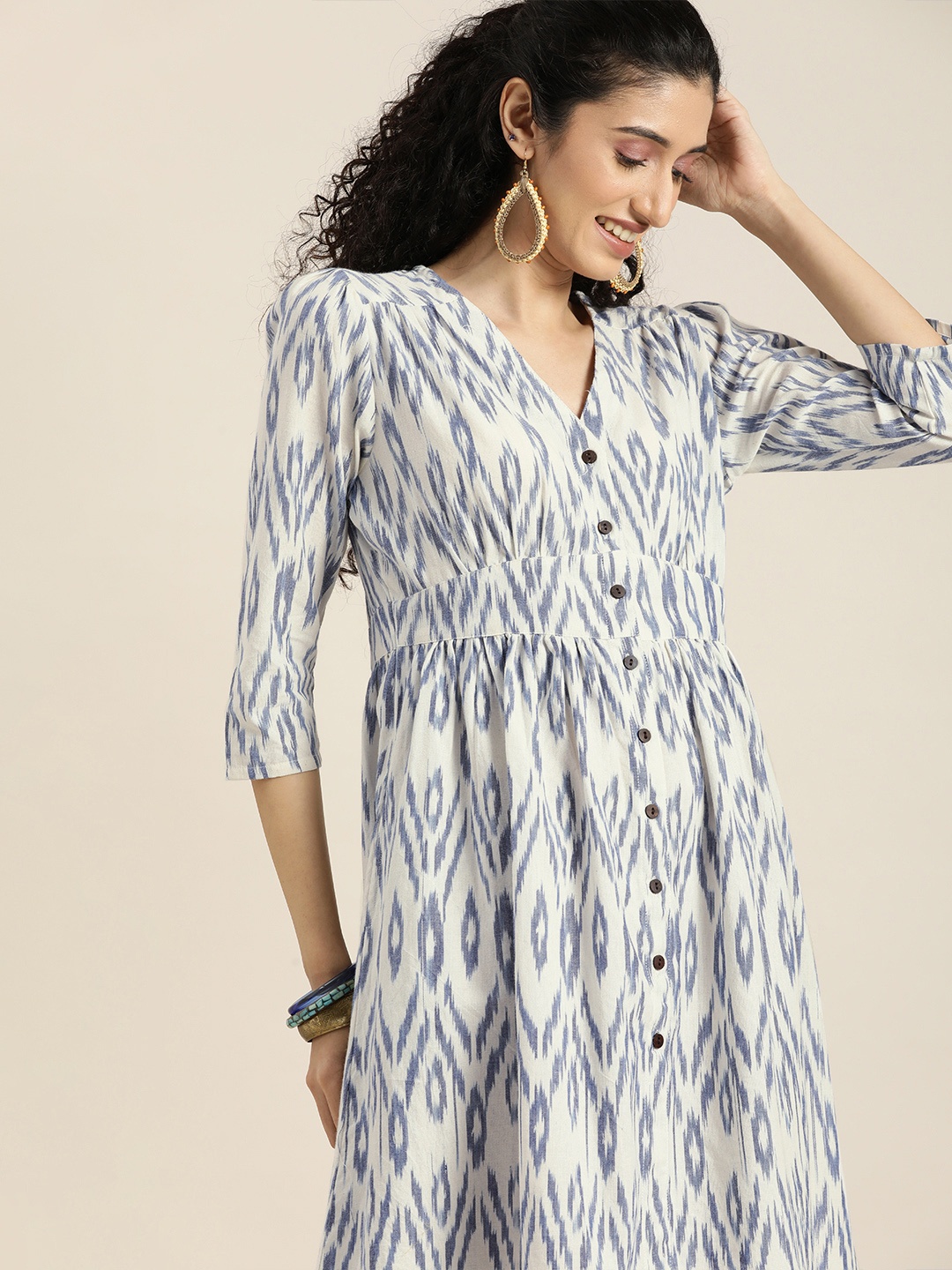 

Taavi Off White & Blue Ikat Woven Design Shirt Dress With Gathered Detailing