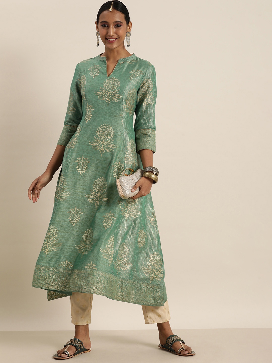 

Taavi Khari Ethnic Motifs Printed Anarkali Kurta, Green