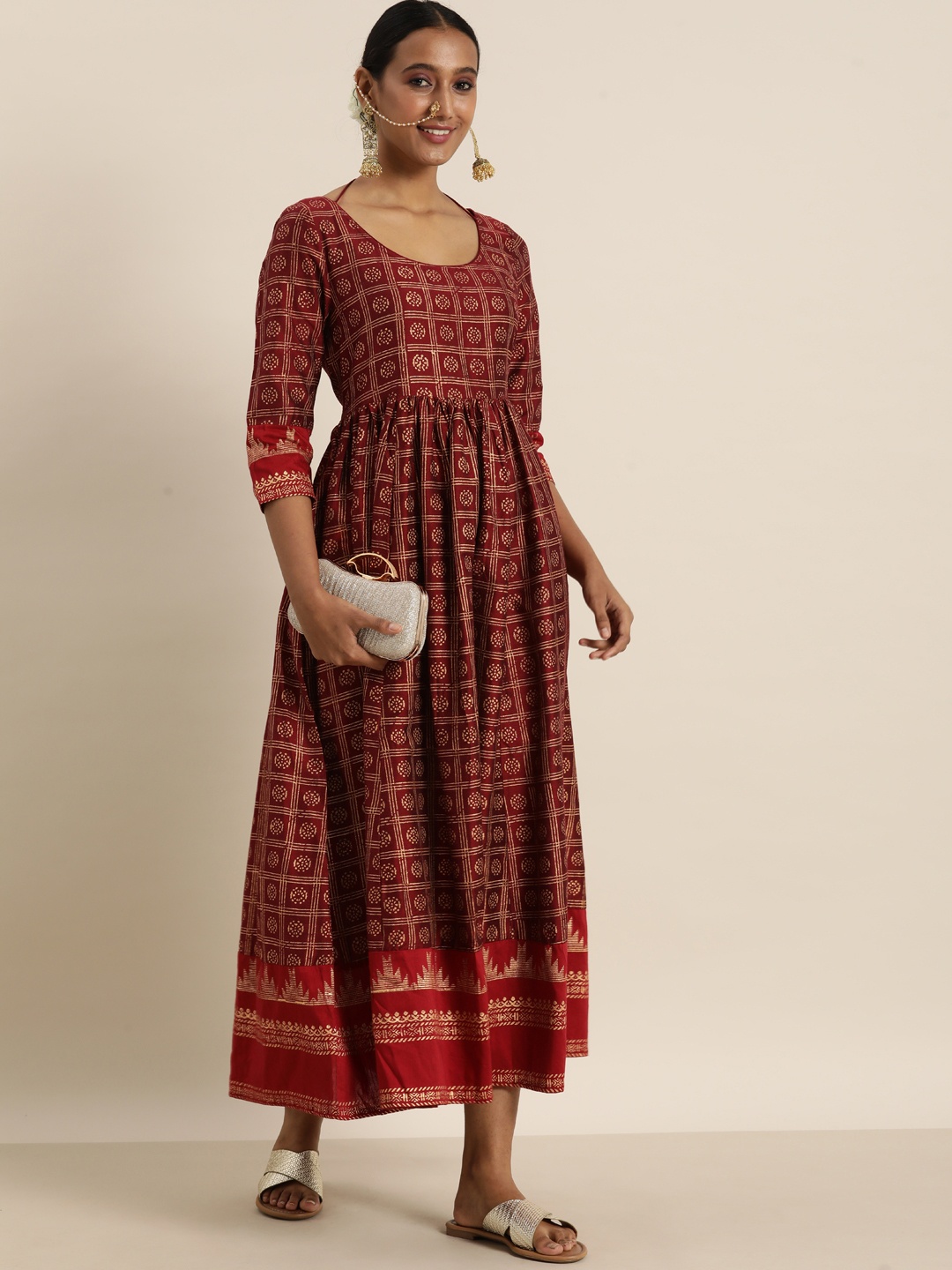 

Taavi Maroon & Golden Kanchi Print Ethnic Sustainable Maxi Dress with Tie-Ups