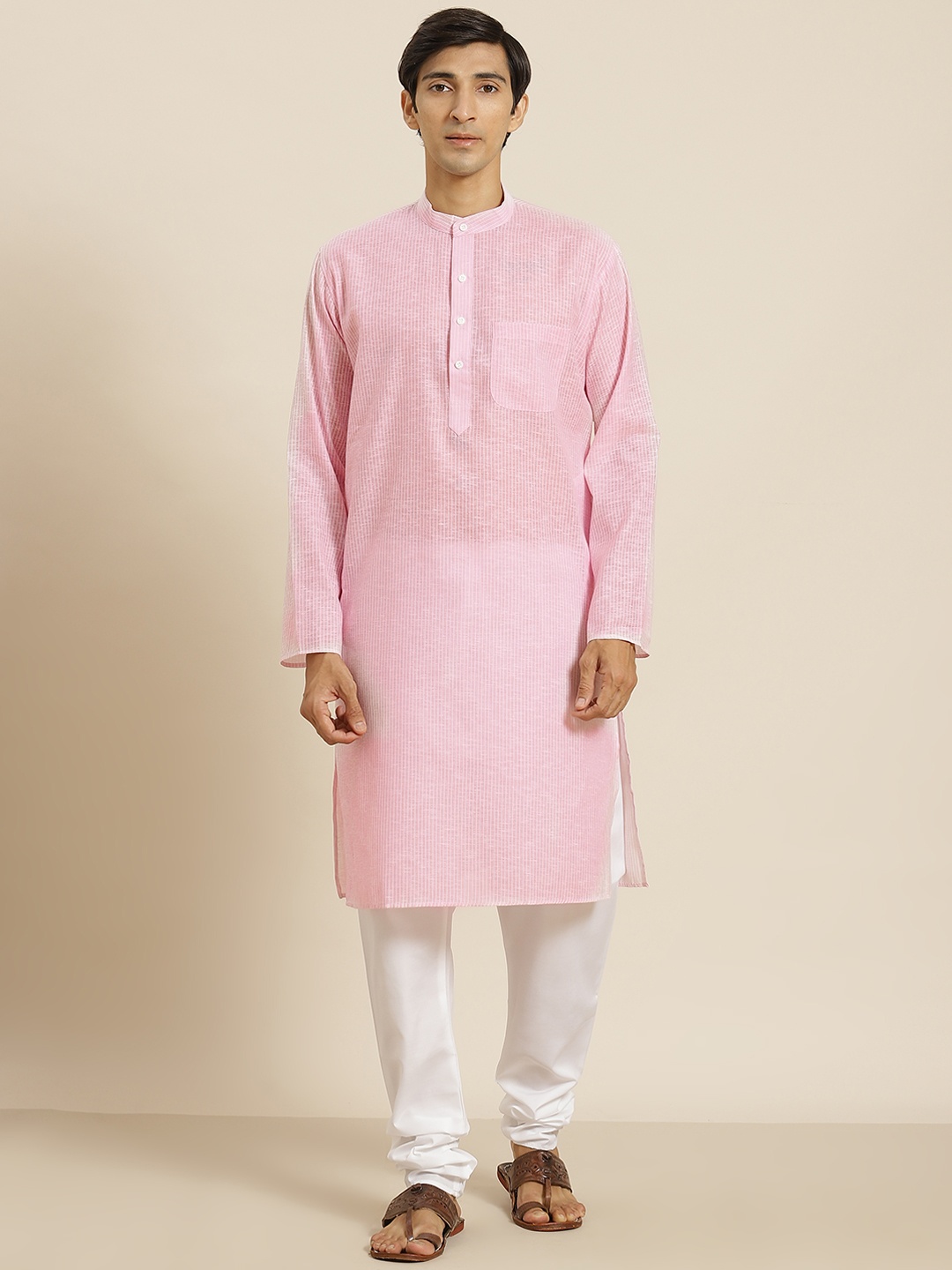 

SOJANYA Men Pink & White Striped Pure Cotton Straight Kurta with Churidar