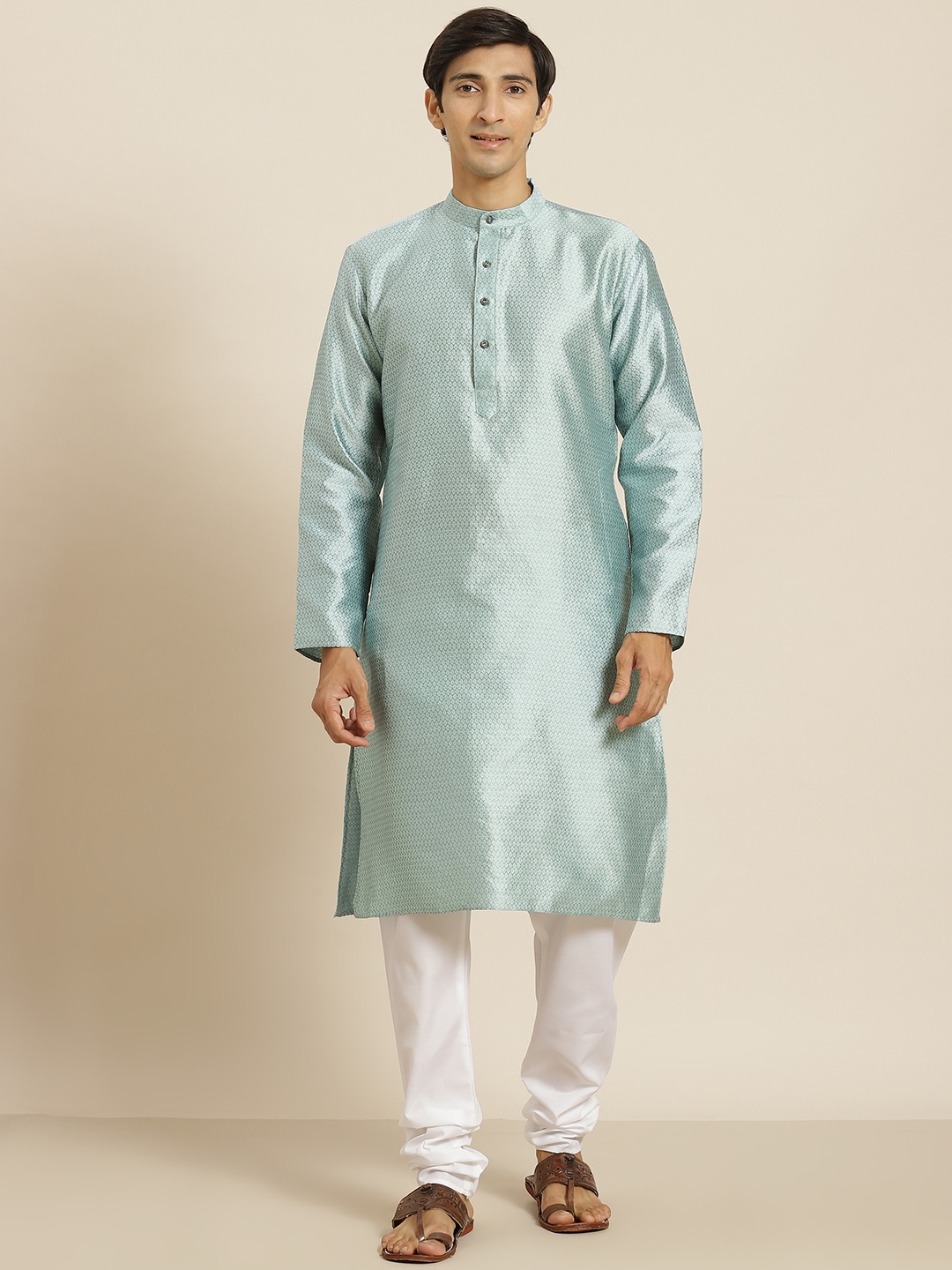 

SOJANYA Men Sea Green & White Self-Design Kurta with Churidar