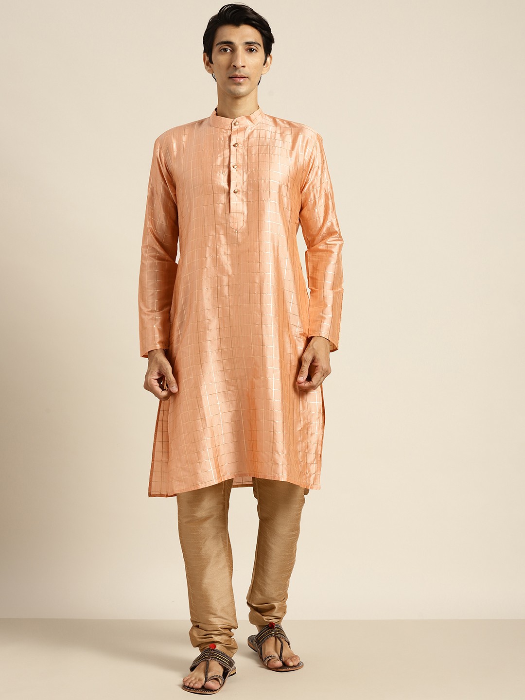 

SOJANYA Men Peach-Coloured & Beige Regular Kurta with Churidar