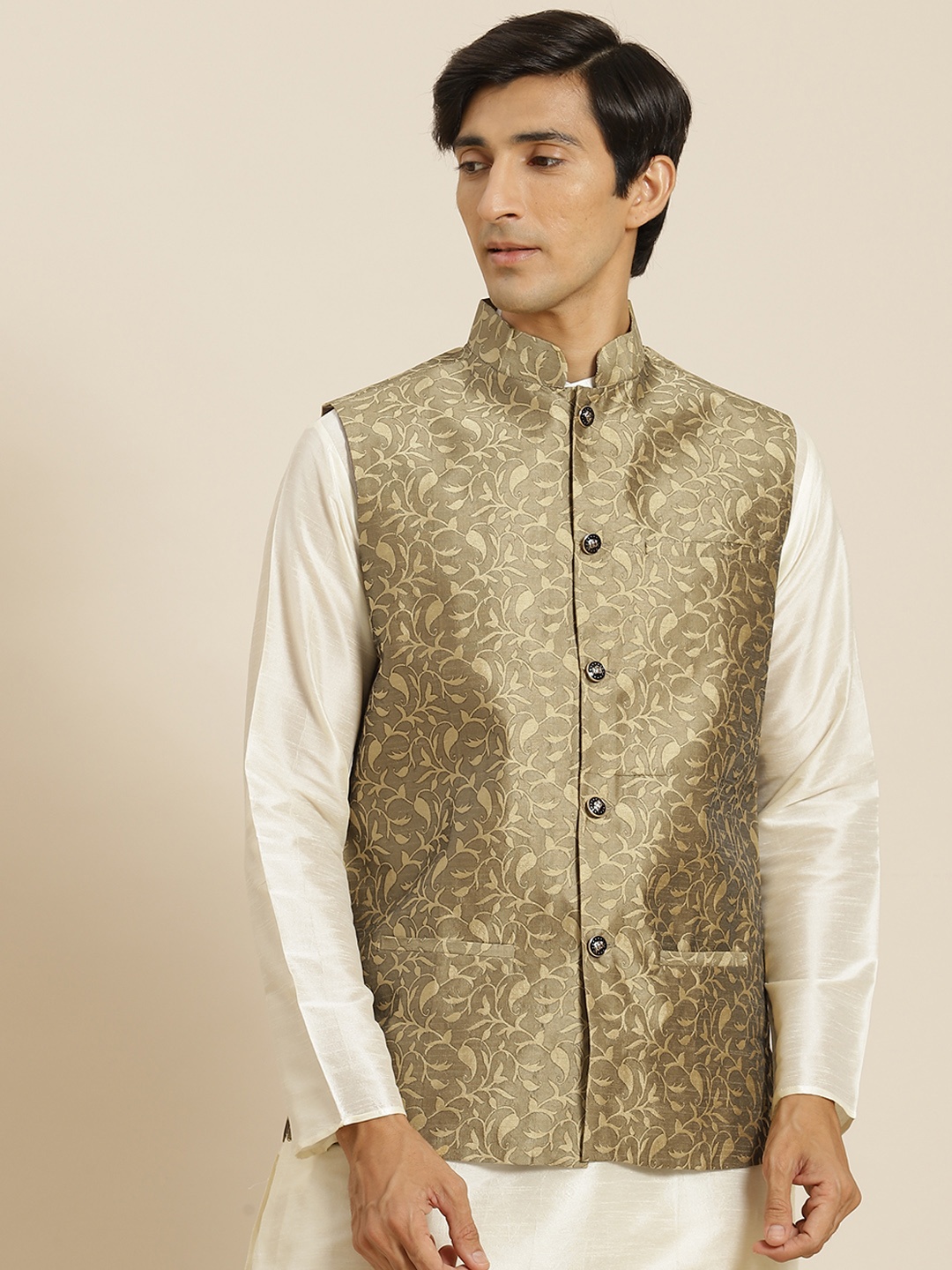 

SOJANYA Men Taupe & Beige Woven Design Nehru Jacket