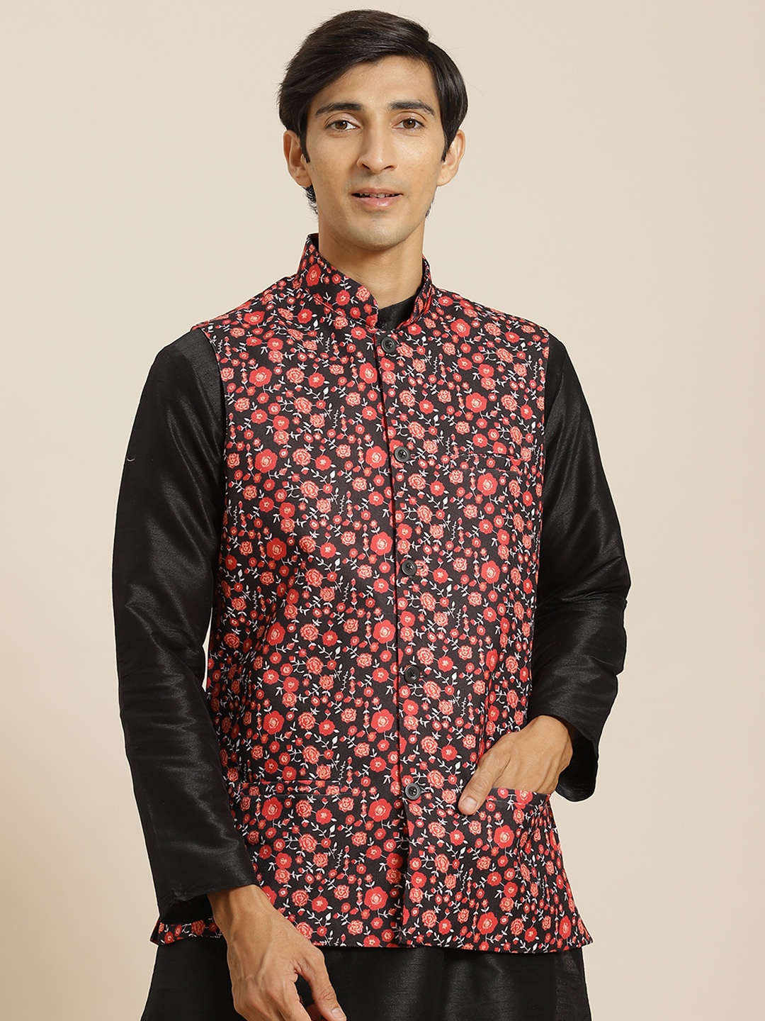 

SOJANYA Men Black & Red Cotton Floral Print Nehru Jacket