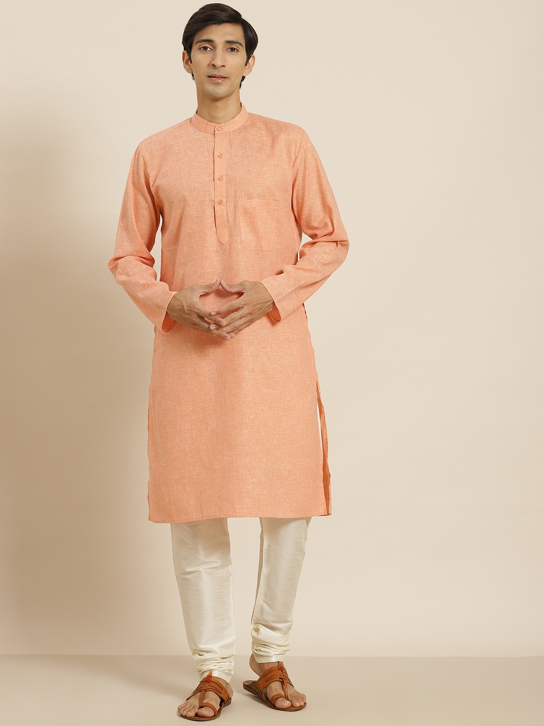 

SOJANYA Men Orange Cotton Linen Straight Kurta