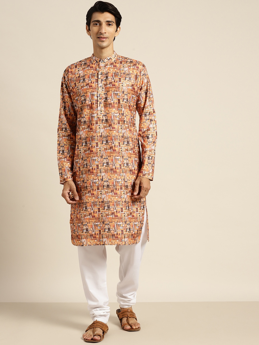 

SOJANYA Men Orange & Charcoal Grey Cotton Linen Geometric Printed Kurta