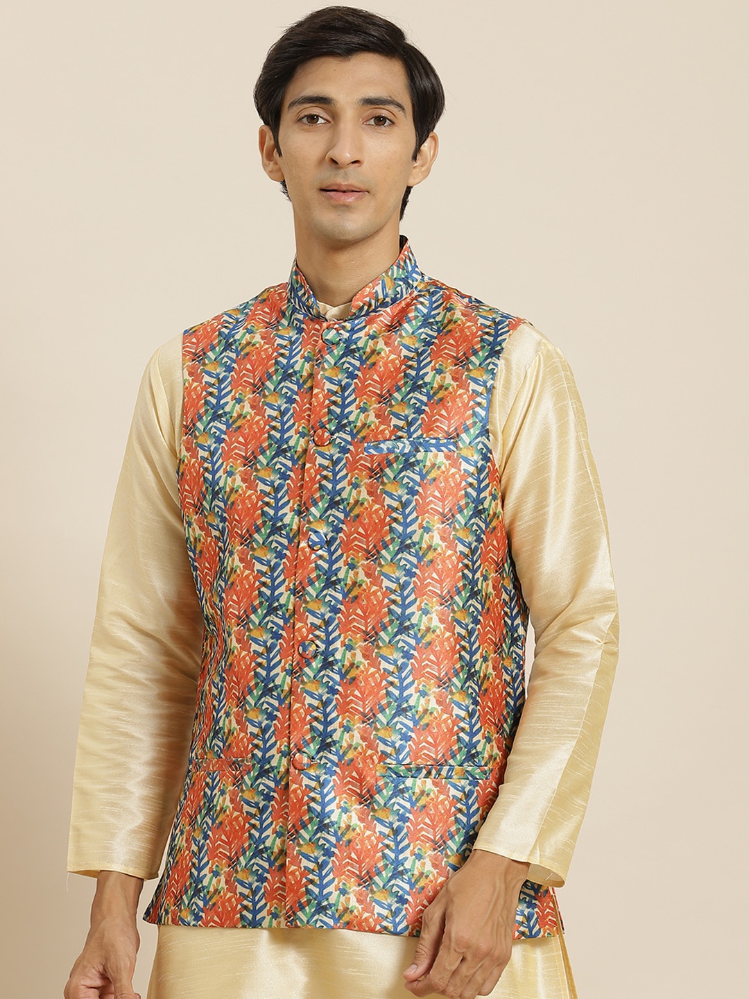 

SOJANYA Men Orange & Blue Printed Nehru Jacket