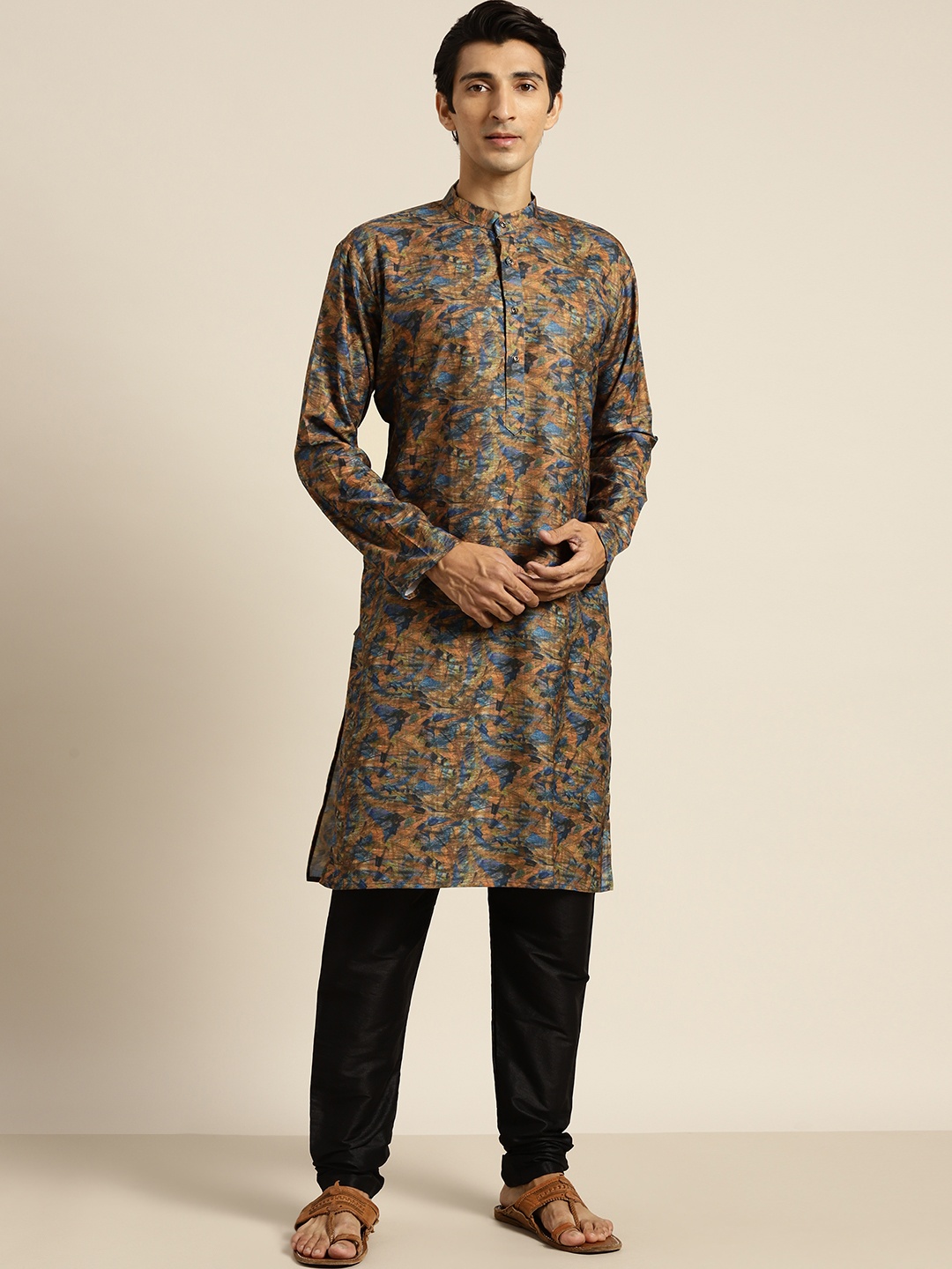 

SOJANYA Men Navy Blue & Brown Cotton Linen Printed Kurta