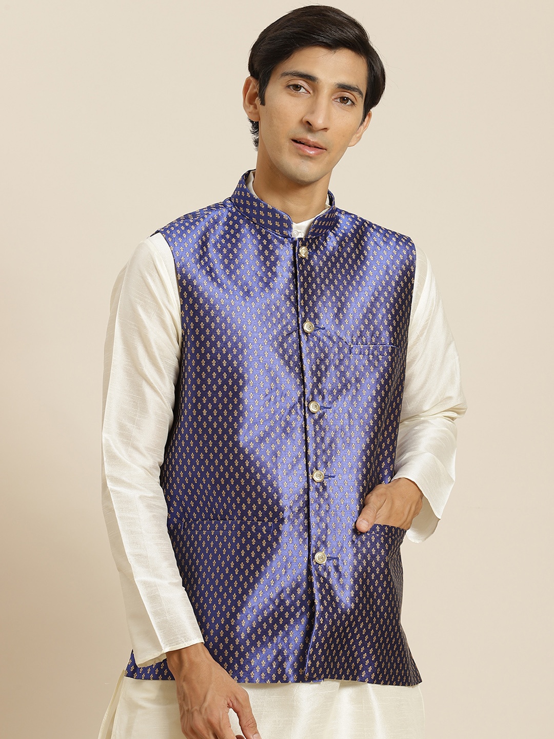 

SOJANYA Men Navy Blue & Gold Floral Woven Design Nehru jacket