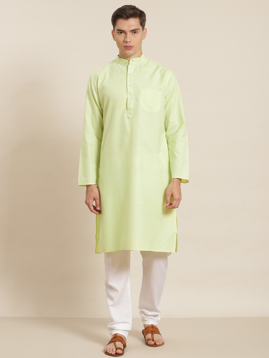 

SOJANYA Men Lime Green Solid Straight Kurta with Churidar