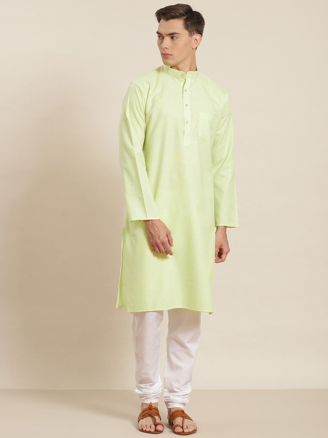 

SOJANYA Men Lime Green Solid Cotton Linen Straight Kurta